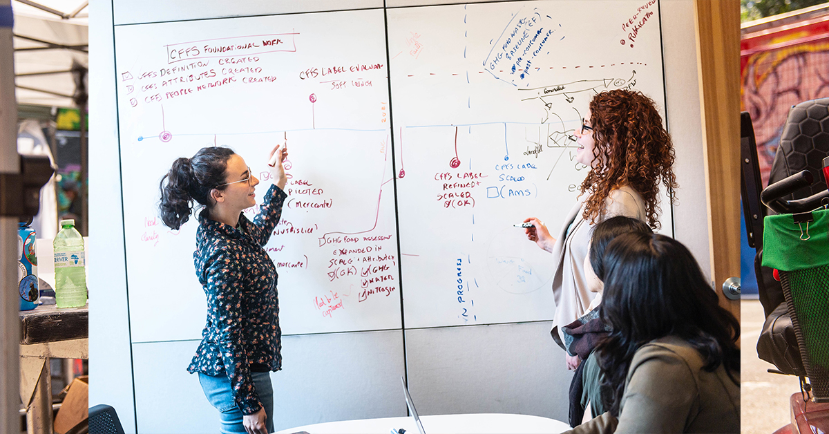 Two women are writing on a white board.